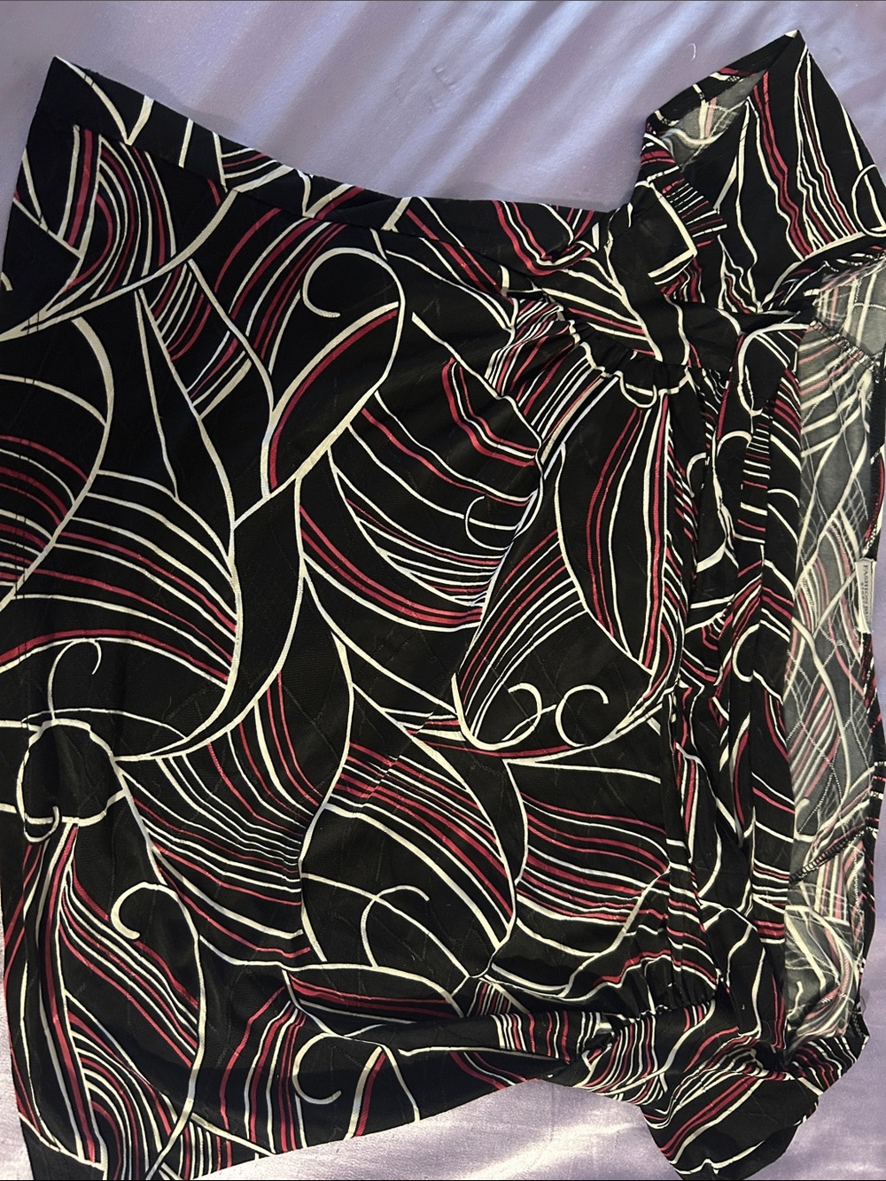 Fashion Bug Black shirt with Pink and White Swirl Print